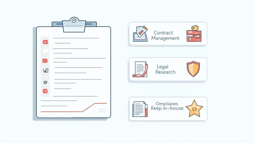 Legal outsourcing services including contract management, legal research, and compliance documentation illustrated with icons