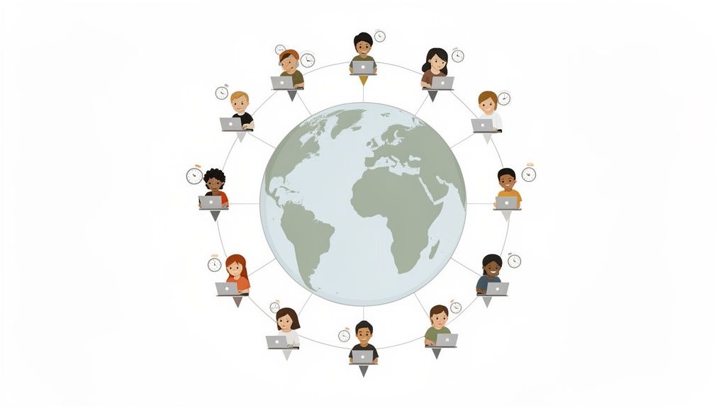 Diverse people globally connected, working on laptops around a world map, symbolizing remote teams and different time zones.