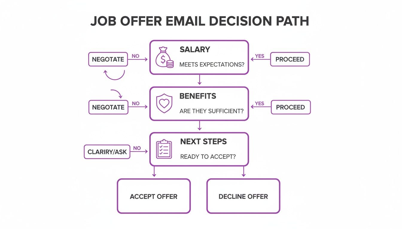 Flowchart illustrating the decision path for evaluating a job offer email, covering salary, benefits, and next steps.