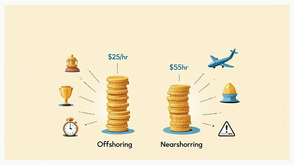 Visual comparison of offshoring ($25/hr) vs. nearshoring ($55/hr) with associated benefits and risks.