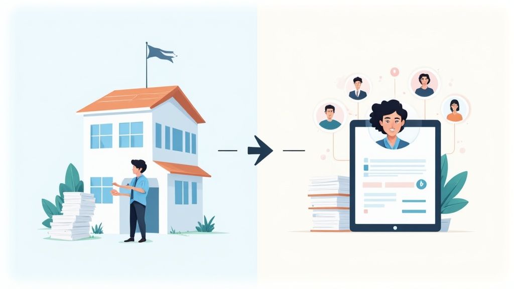Illustrates the transformation from traditional paper-based HR to modern digital talent management.