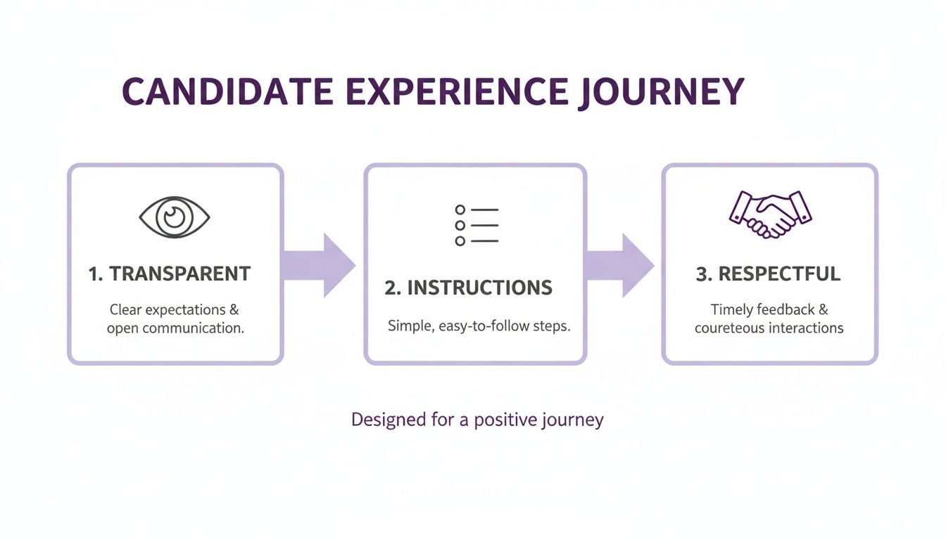 Infographic showing a positive candidate experience journey with three steps: transparent, instructions, and respectful.