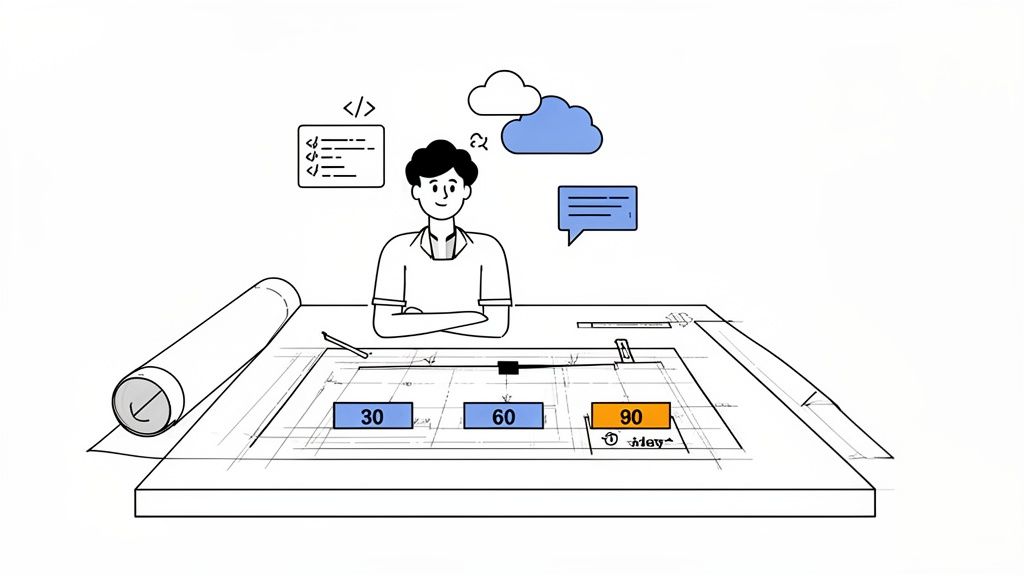 A developer plans software projects with code, cloud, and timeline milestones on a blueprint.