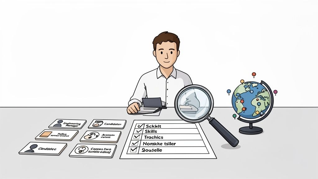 An illustration of a man reviewing candidate skills and global reach on a desk.