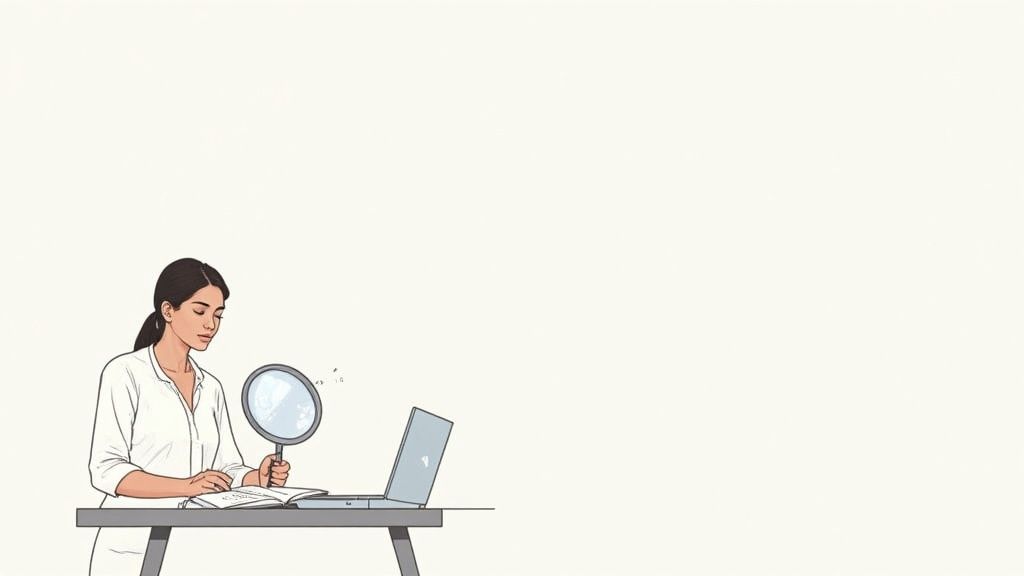 A woman meticulously studies an open book with a magnifying glass, with a laptop nearby.