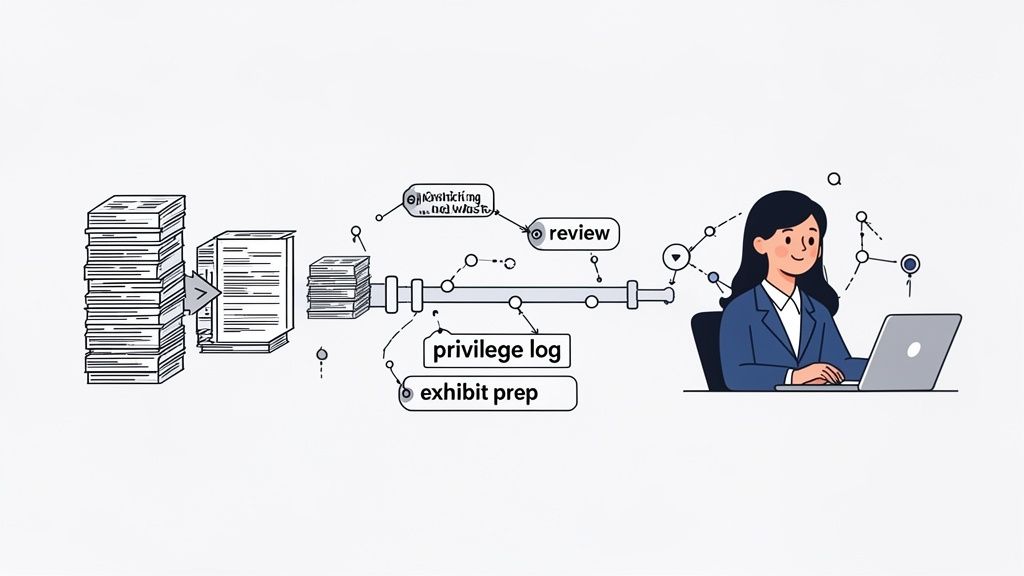 An illustration of legal discovery workflow, showing documents processed, reviewed, and logged, with an attorney using a laptop.
