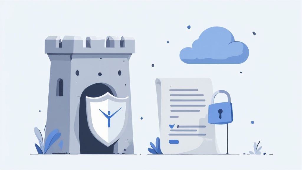 Illustration depicting secure legal process outsourcing with a castle, shield, cloud, document, and padlock.