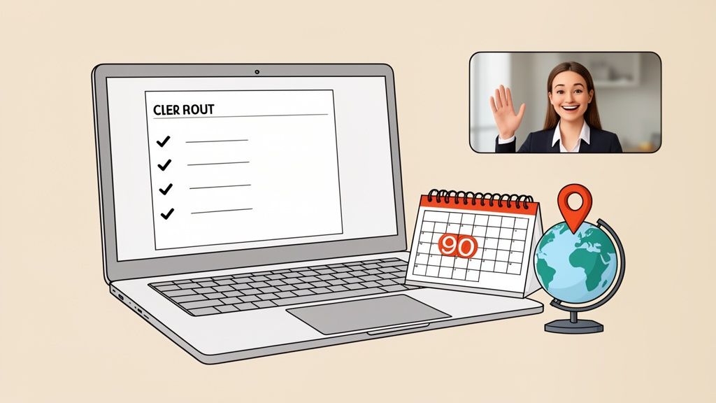 Remote work setup with a laptop showing a checklist, calendar, globe, and video call.