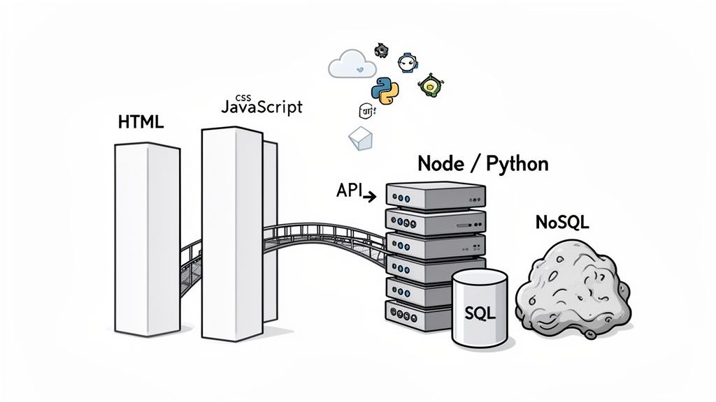 Diagram illustrating full-stack web development architecture with frontend, backend, APIs, databases, and cloud services.