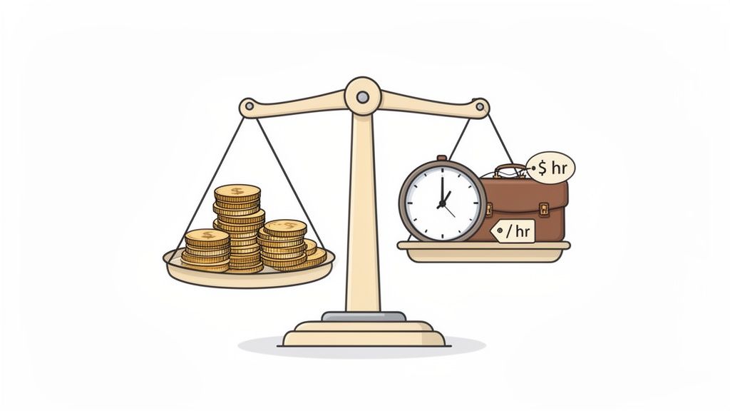 A scale balancing money coins with a clock and briefcase, representing time and hourly work value.
