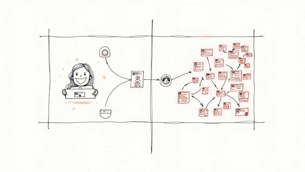 A person pointing at a clean, user-friendly software interface on a monitor, representing good UX.