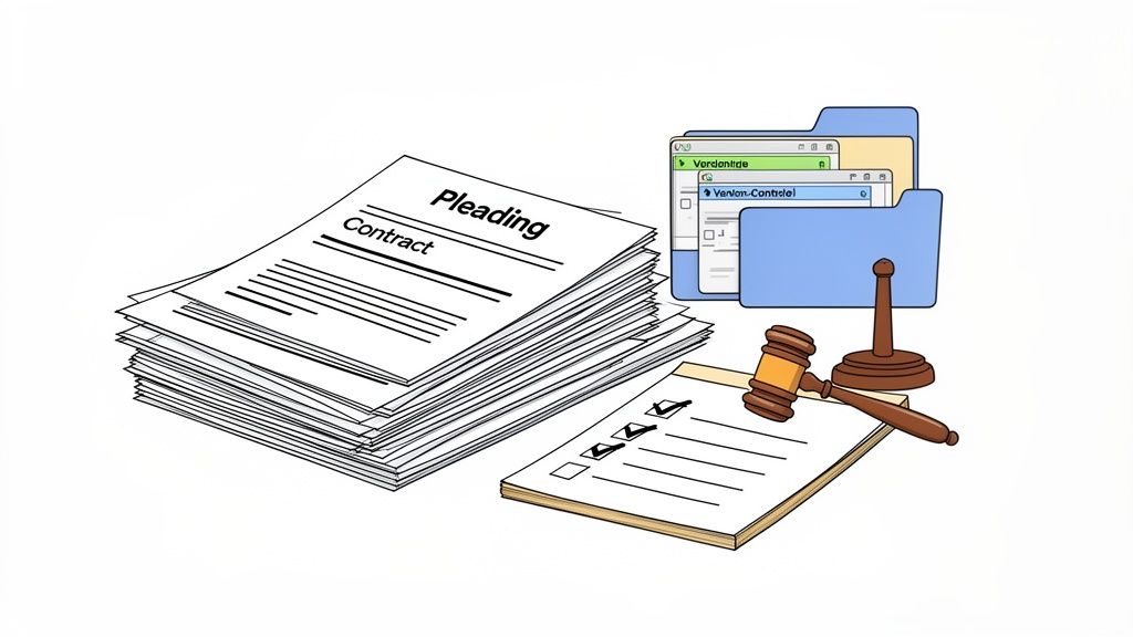 A stack of legal documents, digital file folders, a checklist, and a gavel on a white background.