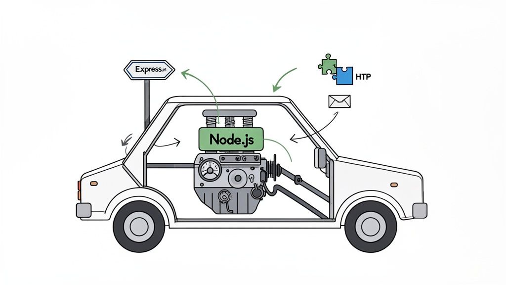 An analogy of a car with Node.js as its engine and Express.js as a signpost, illustrating web development architecture.