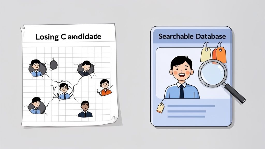 Visual metaphor showing scattered lost candidates on paper versus an organized searchable database for recruitment.