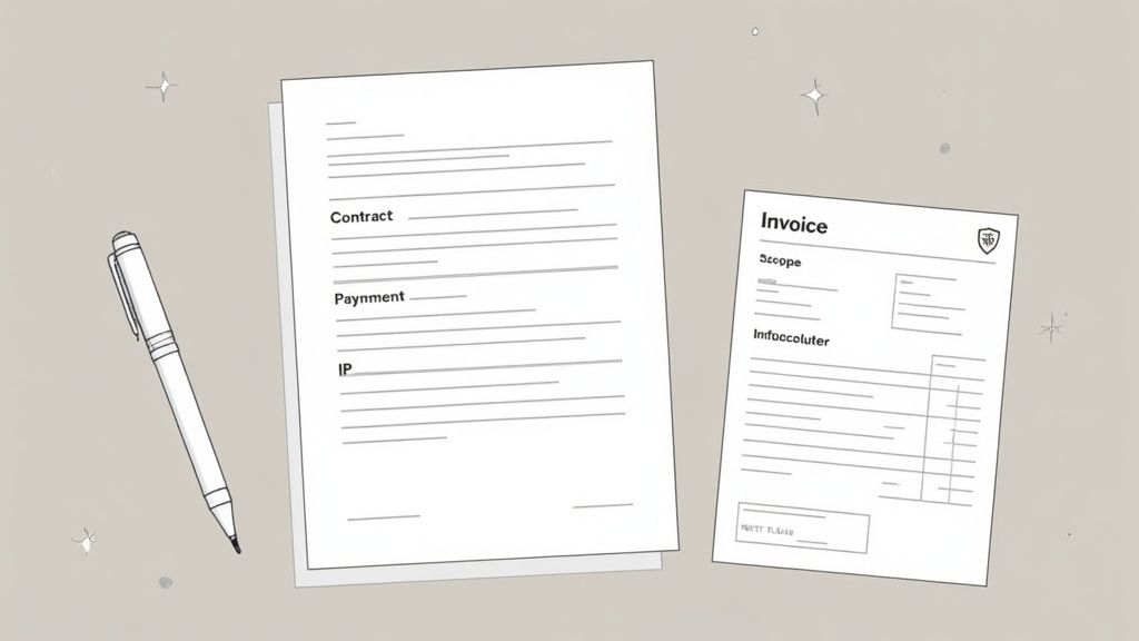 A top-down view of a contract, an invoice, and a pen on a neutral background.