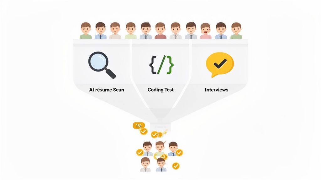 Recruitment process funnel: candidates go through AI resume scan, coding test, and interviews, resulting in few hires.