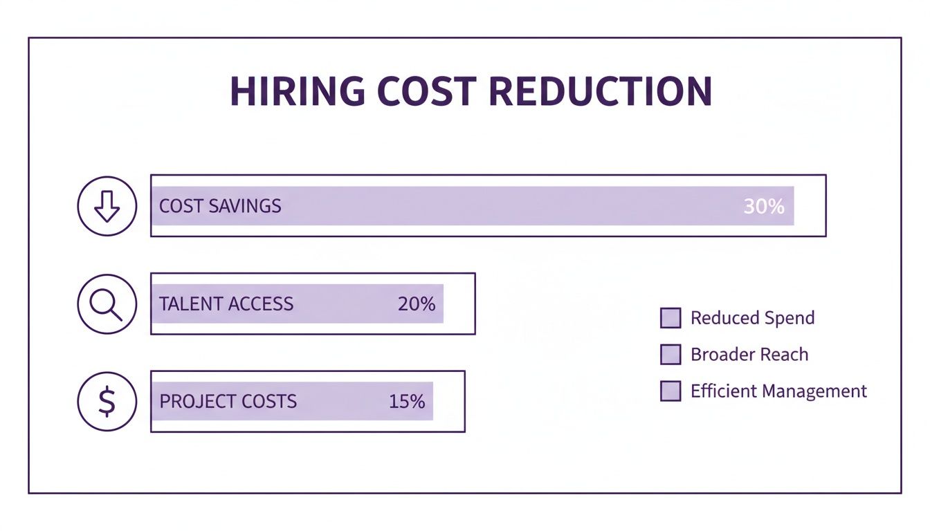 Infographic showing hiring cost reduction benefits including 30% cost savings and 20% talent access.