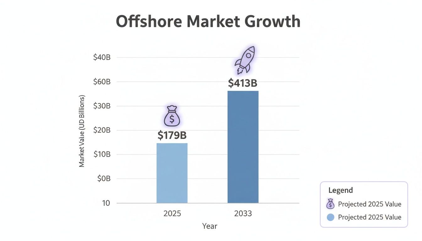 Bar chart illustrating offshore market growth from $179 billion in 2025 to $413 billion in 2033.