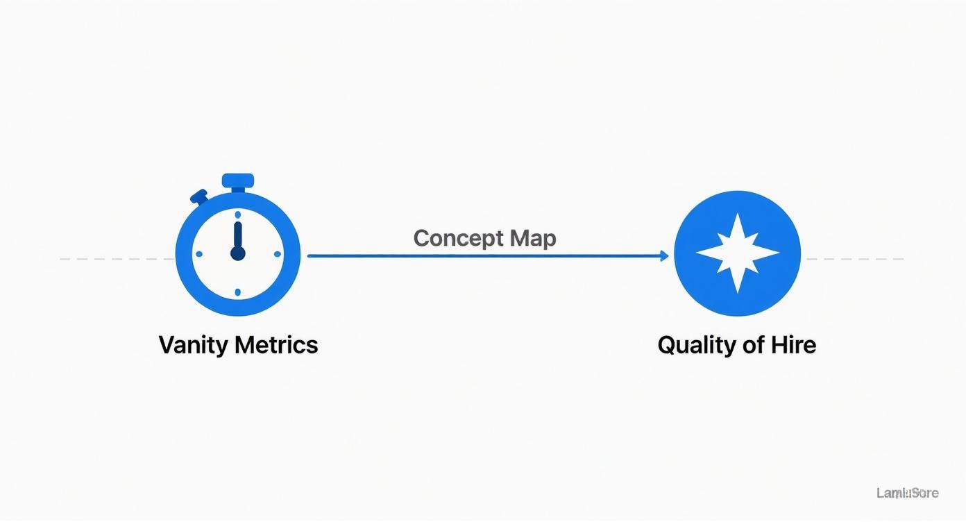 An infographic showing 'Vanity Metrics' (stopwatch) linked by 'Concept Map' to 'Quality of Hire' (star icon).