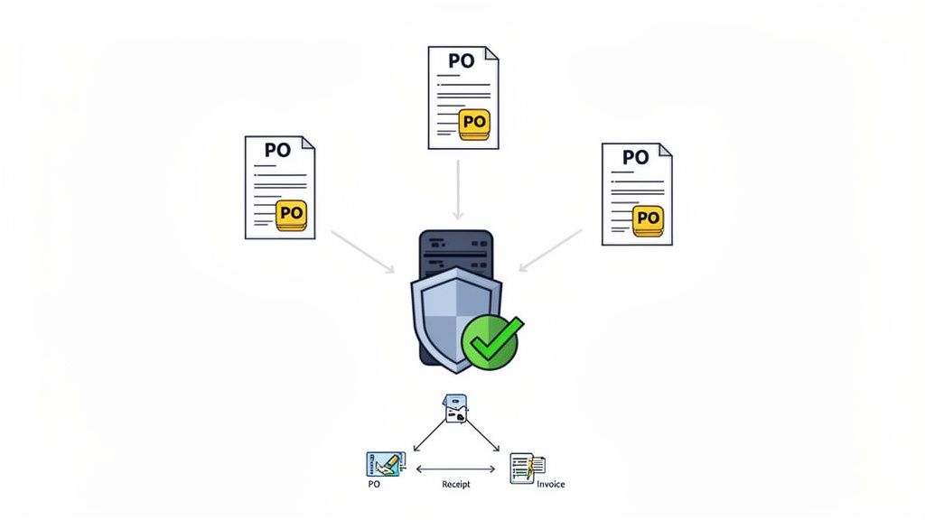 Three purchase order documents feed into a secure server for processing, integrating with receipt and invoice management.