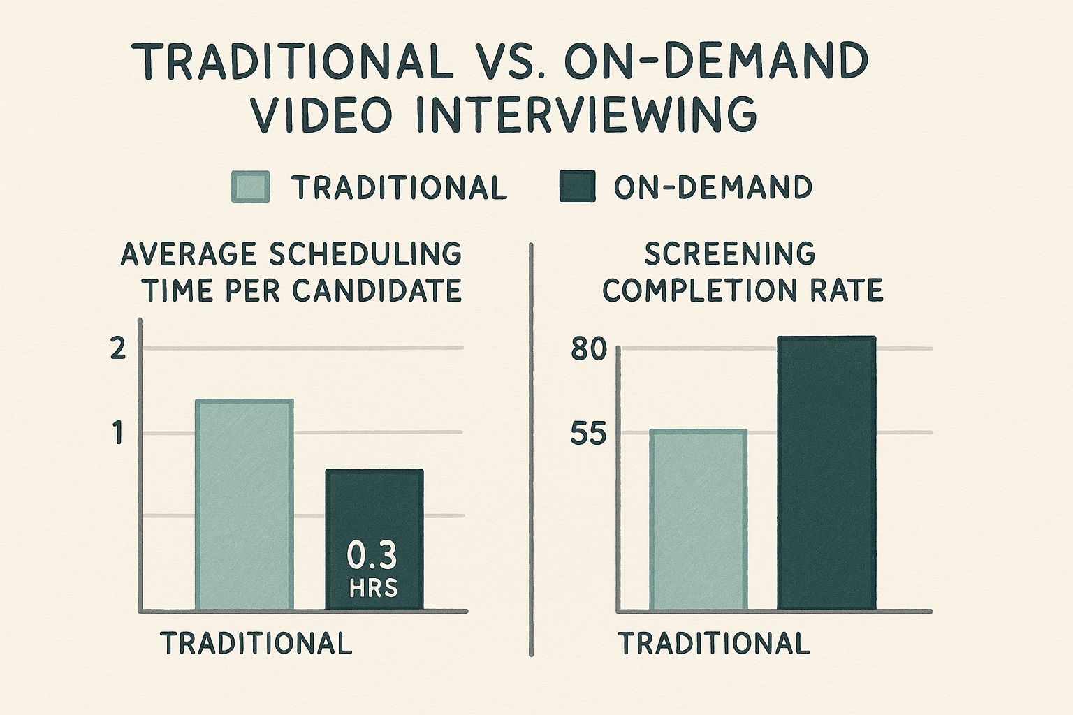 Infographic comparing traditional vs on-demand video interviewing on scheduling time and completion rate.