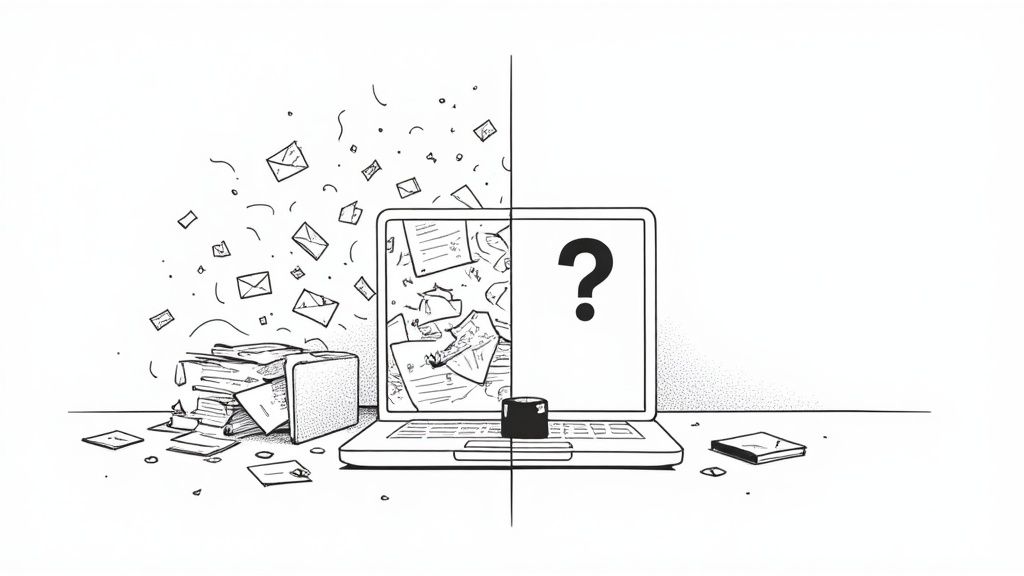 Illustration contrasting disorganized paperwork with a clear, digital unknown solution on a laptop.