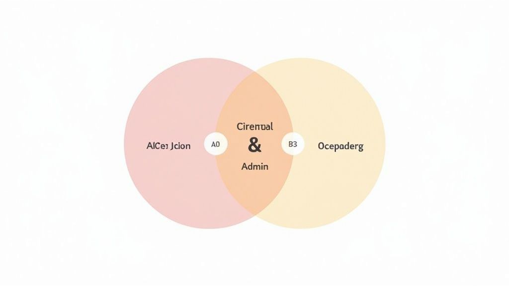 A Venn diagram showing two overlapping circles with labels 'AlCeJcion', 'Ocepadarg', and 'Cirenual & Admin'.