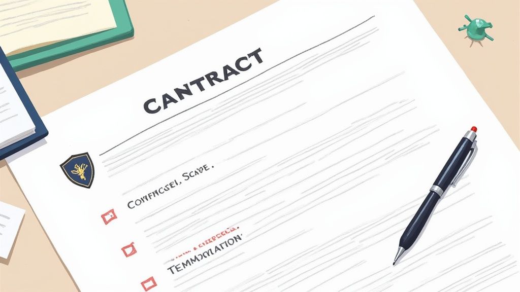A contract document titled 'CANTRACK' with a pen, checklist, and bee emblem on a desk.