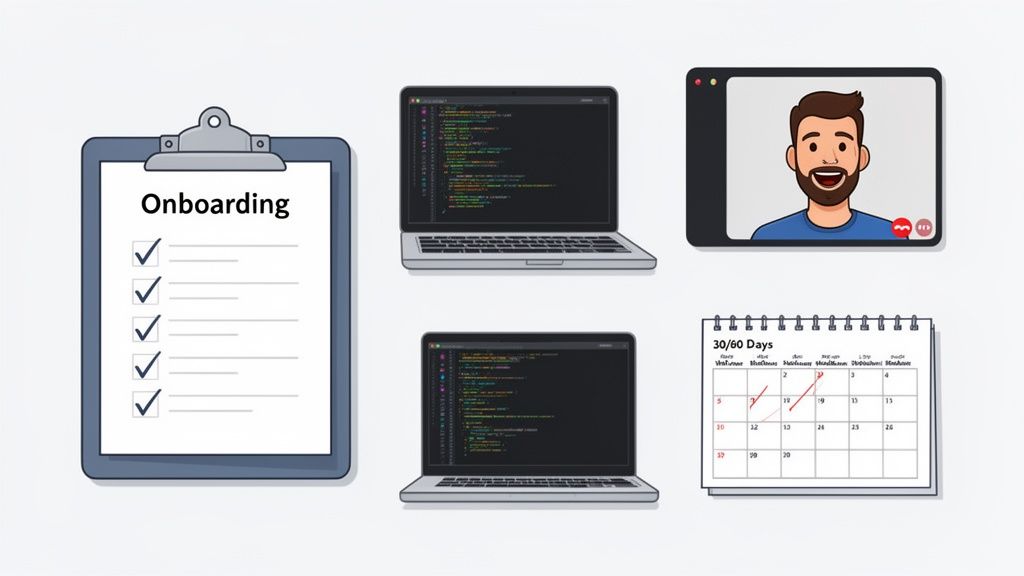 A visual representation of remote tech work, featuring onboarding checklist, laptops with code, a video call, and a project calendar.