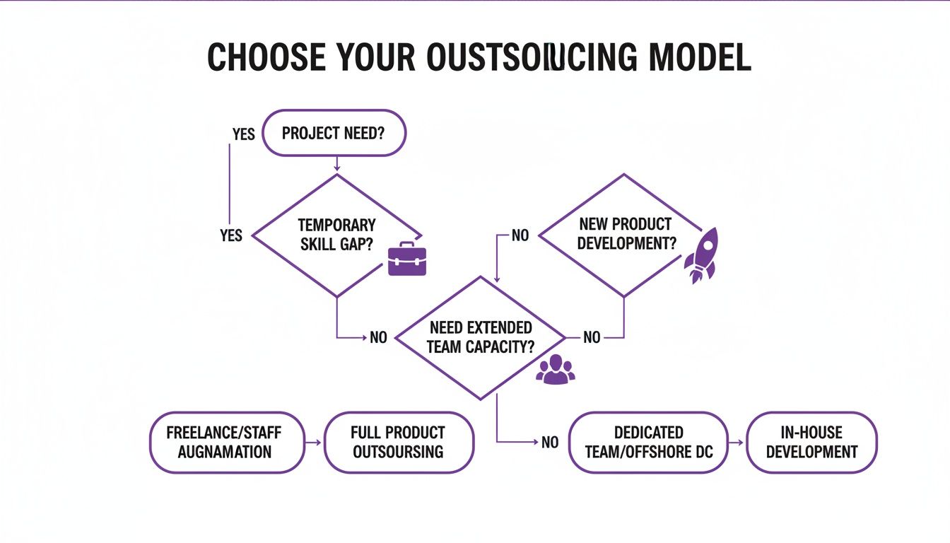 A flowchart guiding users to choose an outsourcing model based on project needs, skill gaps, or new product development.