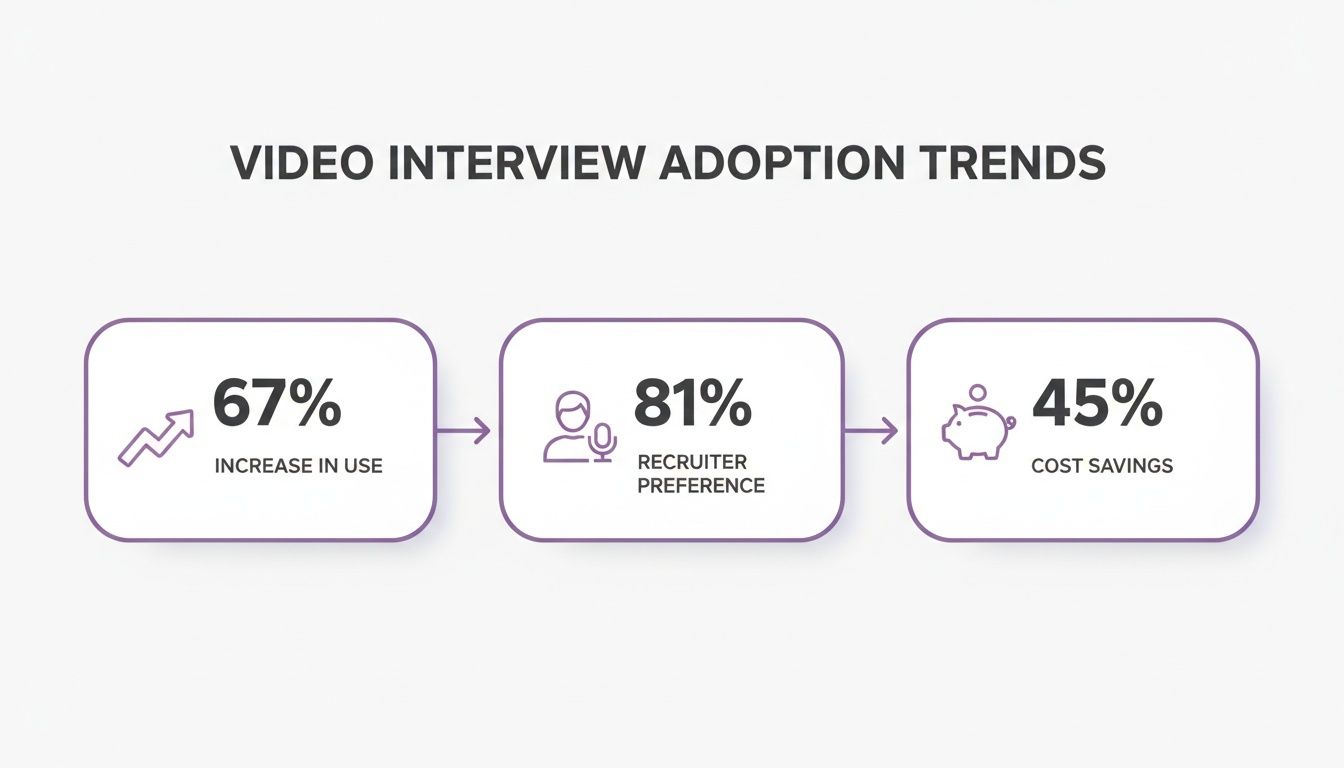Infographic on video interview adoption trends, showing increased use, recruiter preference, and cost savings.