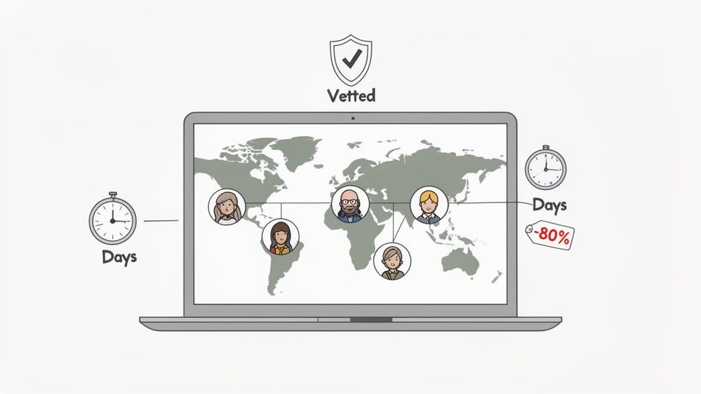 A laptop screen displaying a world map with vetted global professionals, indicating reduced time and cost.