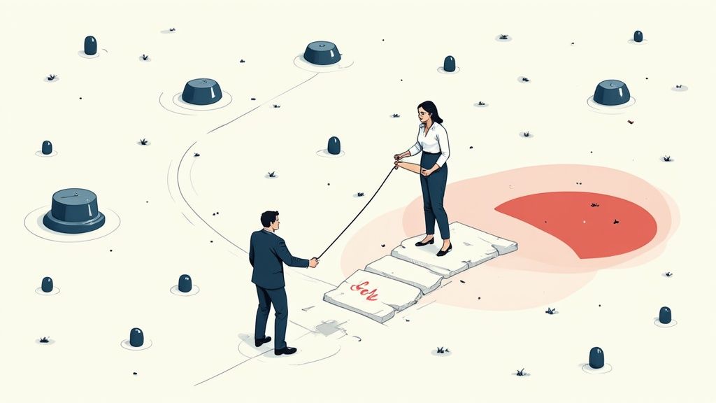 Two professionals building bridge together representing partnership and collaboration in remote work