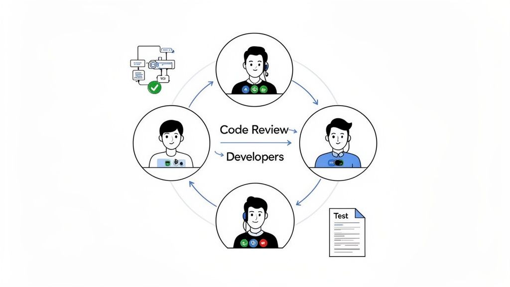 Illustration of a software development and code review cycle involving four developers and key process steps.