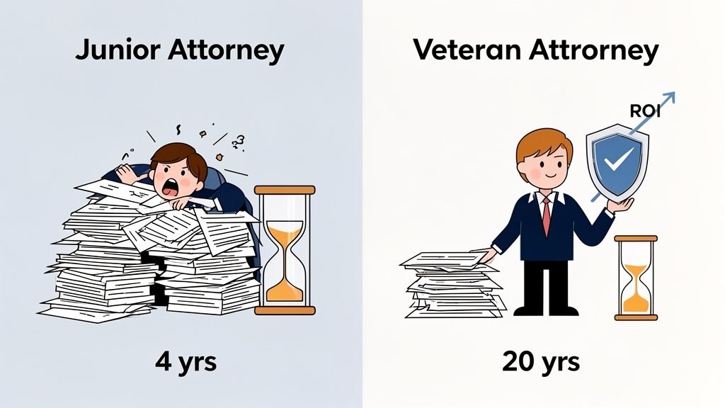 Side-by-side comparison of a stressed junior attorney buried in papers versus a calm veteran attorney with ROI and less paperwork.