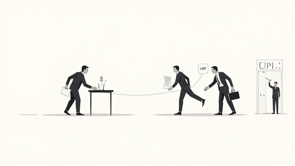 Business professionals passing documents in relay race illustrating online job workflow and UPI payment process