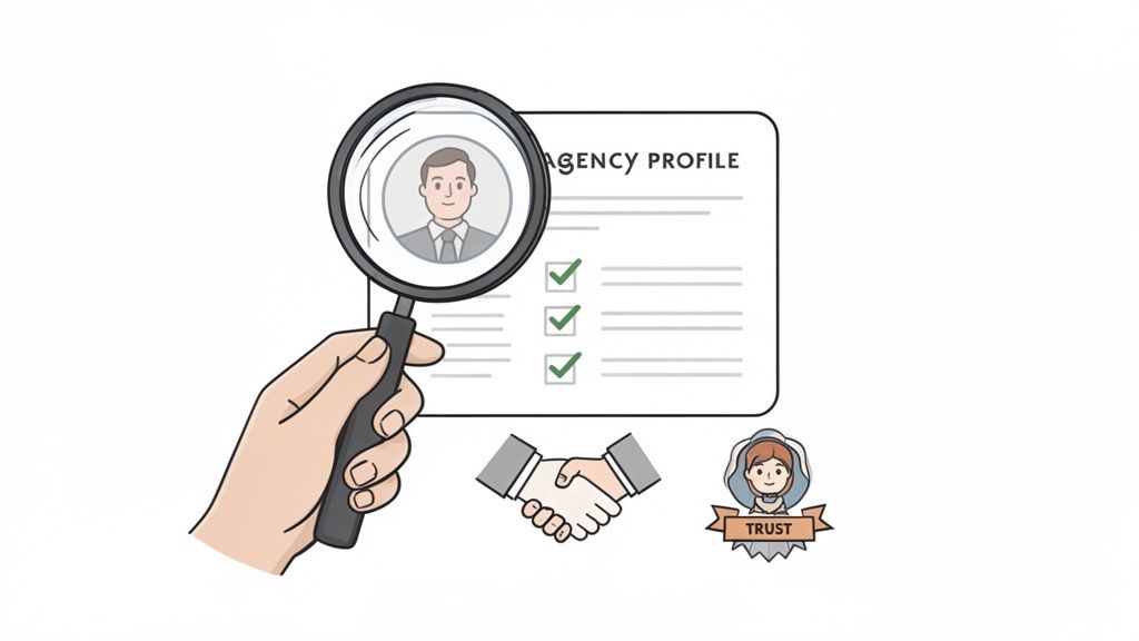 A hand with a magnifying glass reviews an agency profile document, symbolizing vetting, partnership, and trust.