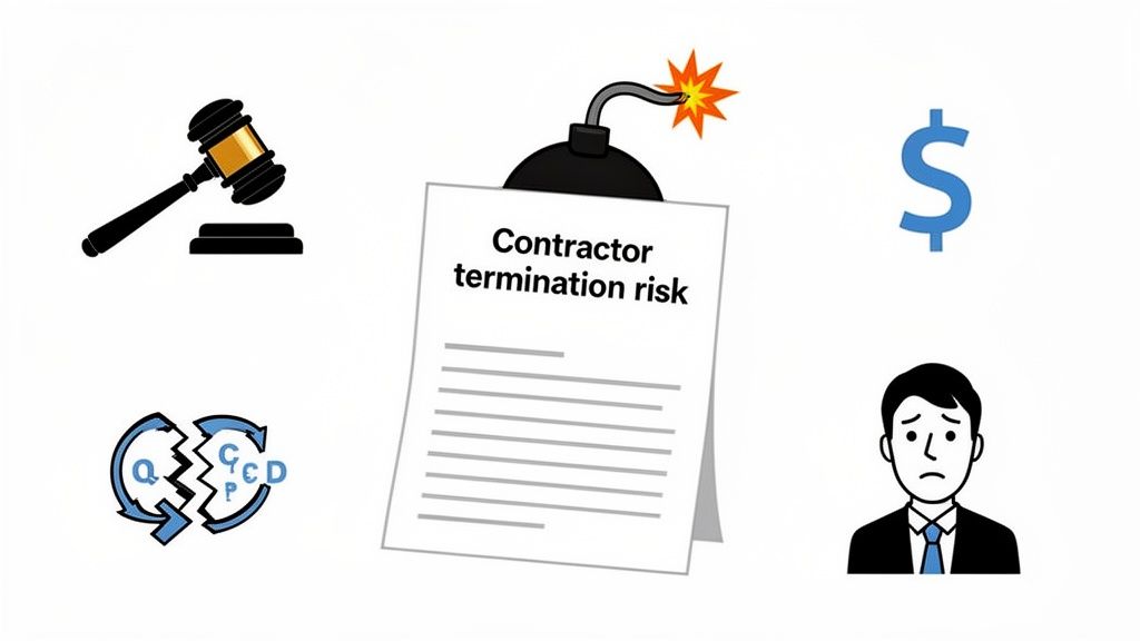 Illustration showing contractor termination risks, legal action, financial costs, broken processes, and a worried man.