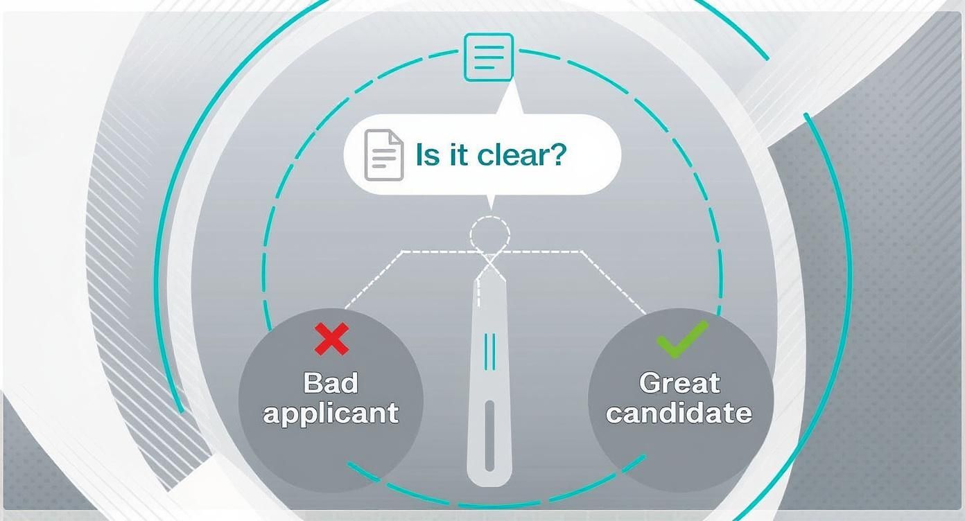 A balance scale weighing a bad applicant against a great candidate, asking "Is it clear?".