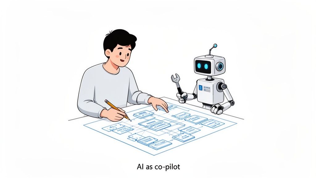 A person and an AI robot collaborate on a flowchart, illustrating AI as a co-pilot for development.