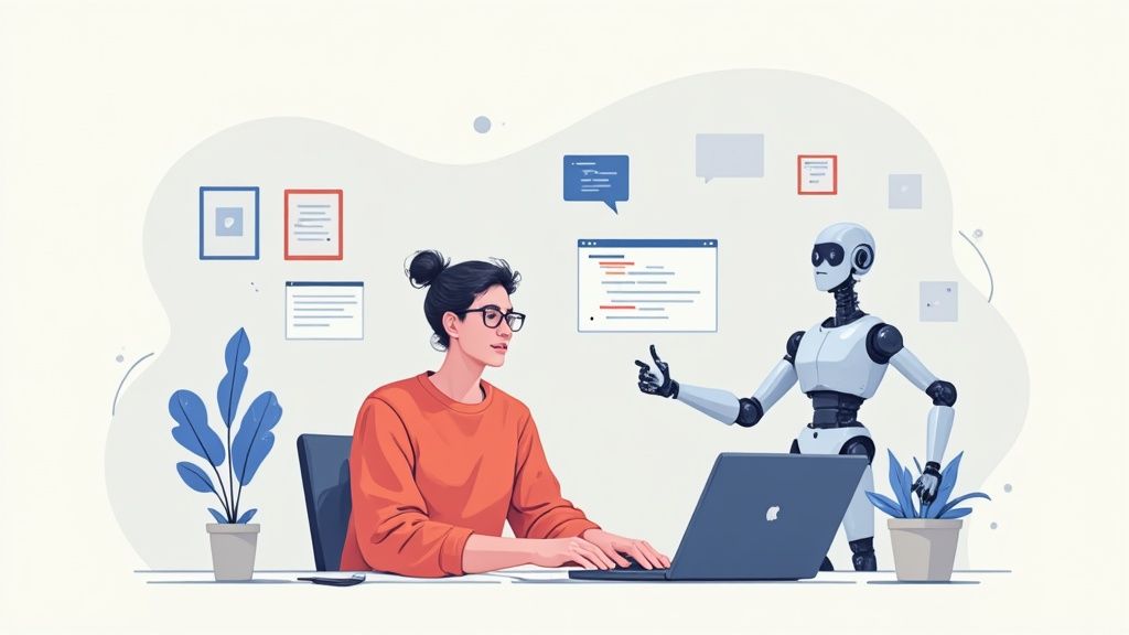 An AI robot assists a developer working on a laptop, enhancing productivity and collaboration.