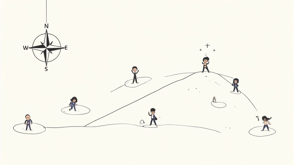 A minimalist illustration of cartoon figures navigating a hilly landscape with a compass rose.