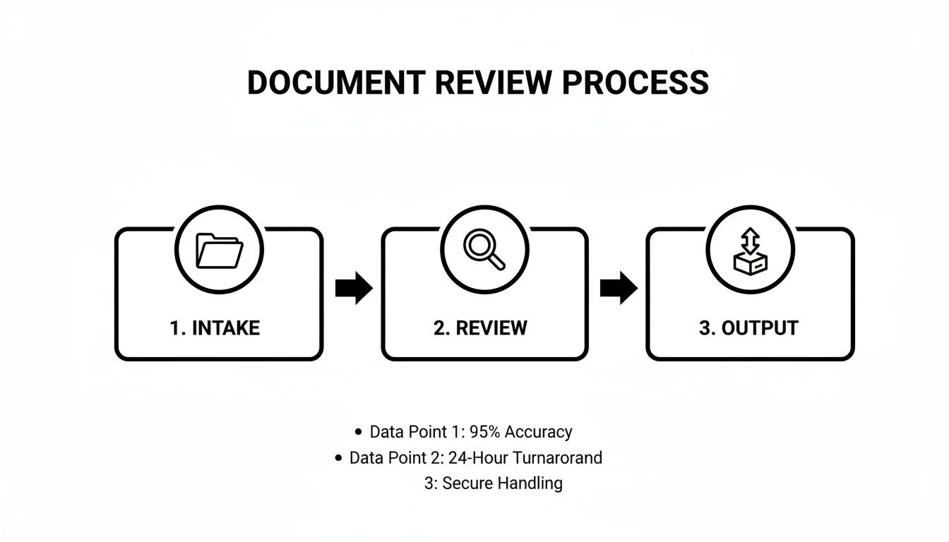 A diagram illustrating a document review process with intake, review, and output stages, highlighting accuracy and turnaround time.