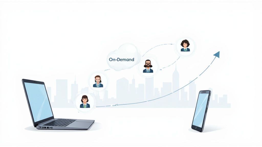 Illustration of a laptop and smartphone connected to on-demand professionals via a cloud service, indicating growth.