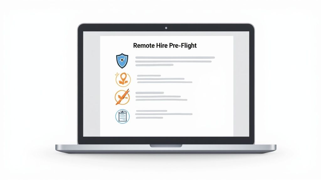 Laptop displaying remote hire pre-flight checklist with security, location, tools and document icons