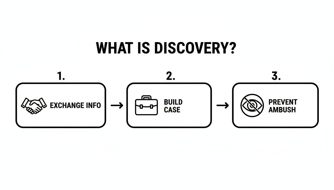 A flowchart outlining the three steps of discovery: exchange info, build case, and prevent ambush.