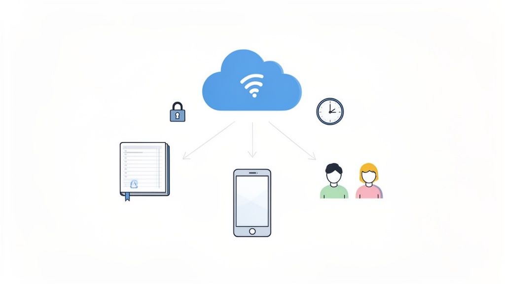 A diagram illustrating cloud services connecting security, documents, mobile access, time, and user stakeholders for reporting.