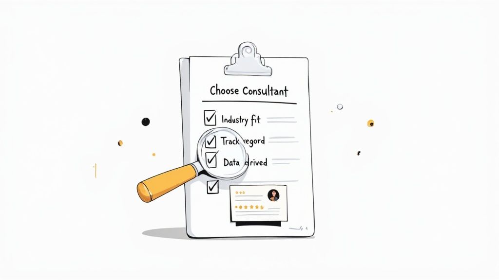 Clipboard with consultant selection checklist showing industry fit, track record, and data driven criteria with magnifying glass