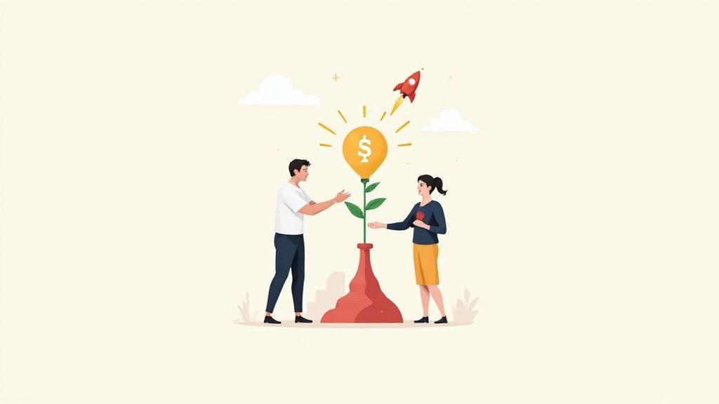 Illustration of a man and woman nurturing a plant with a money lightbulb and a launching rocket.