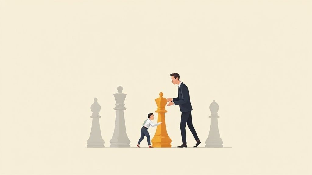 A man in a suit guides a boy who is pushing a golden chess queen piece.